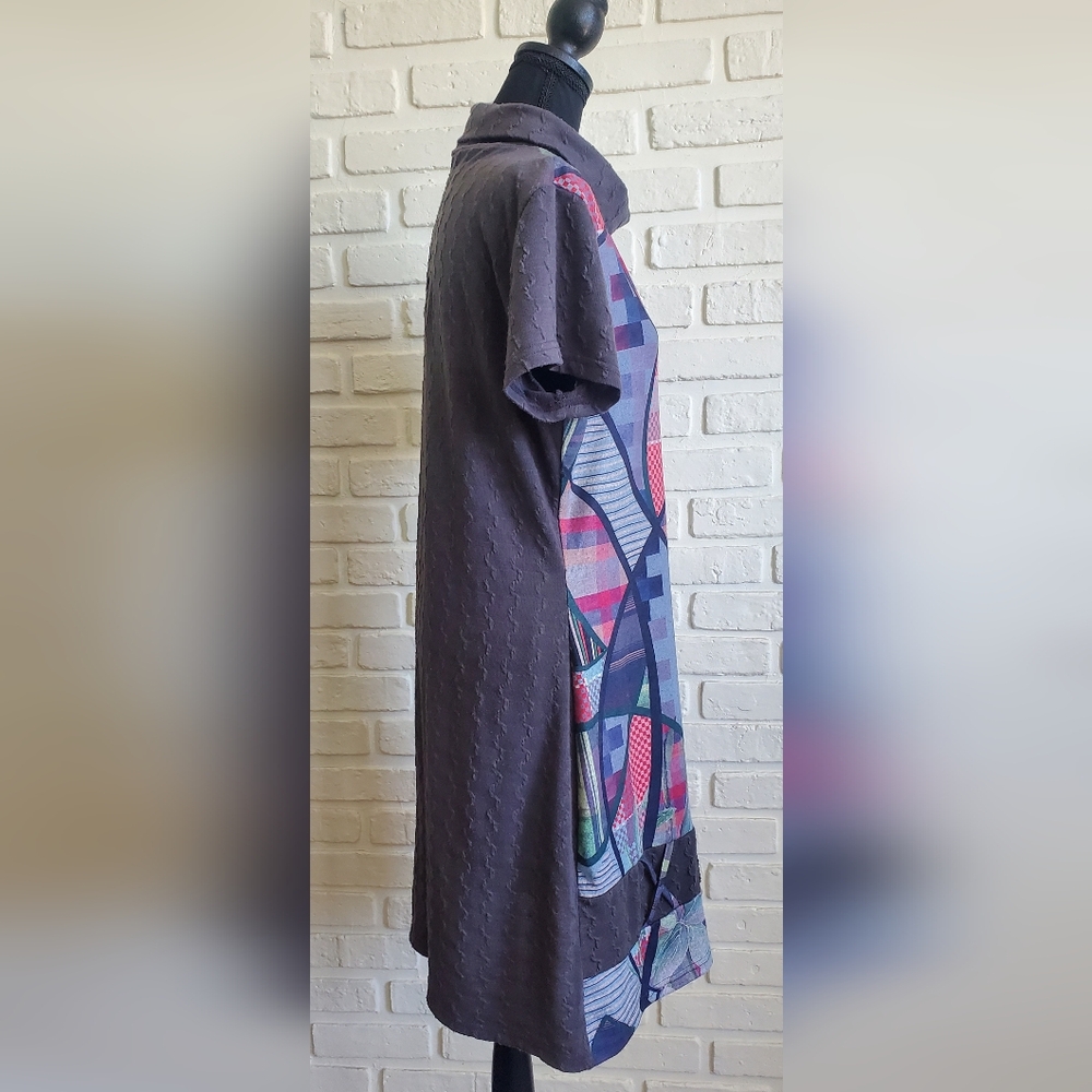 Smash! Abstract Patchwork Midi Cowl Neck Sweater Dress Short Sleeves Boho Hippie - Picture 12 of 16